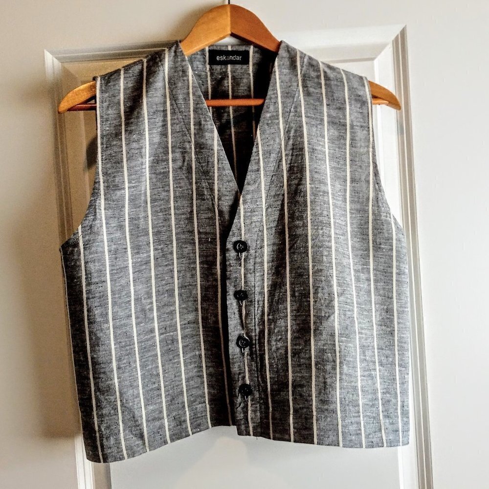 Eskandar Grey White Stripe Pure Linen Vest